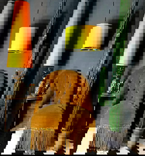 Our kooky Lemur animal print lampshade surrounded in in egg yolk cotton Handmade Lampshades made to order by Love Frankie.