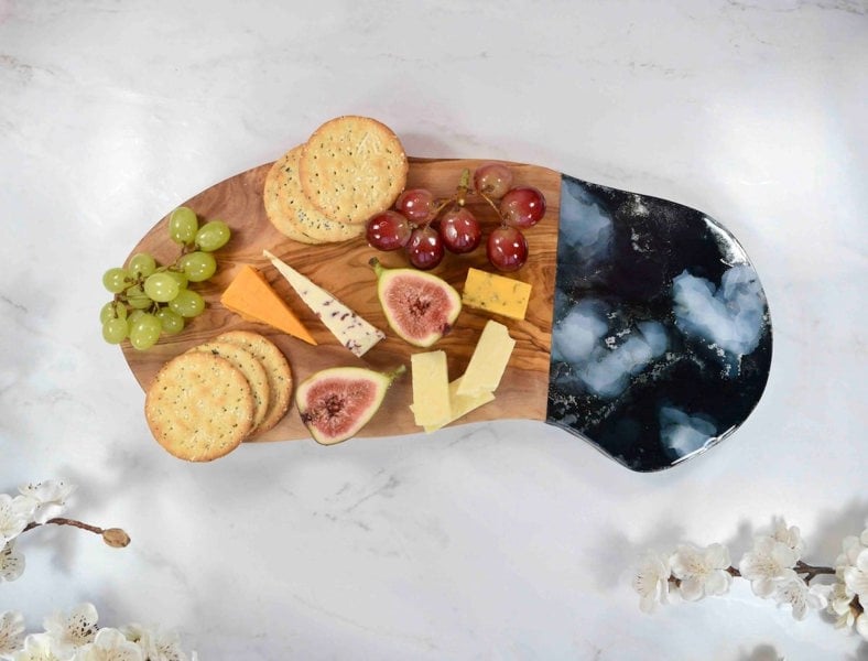 Olive Wood Board with Black Silver Resin Art - Unusual Birthday Gift Ideas - Foodie Present