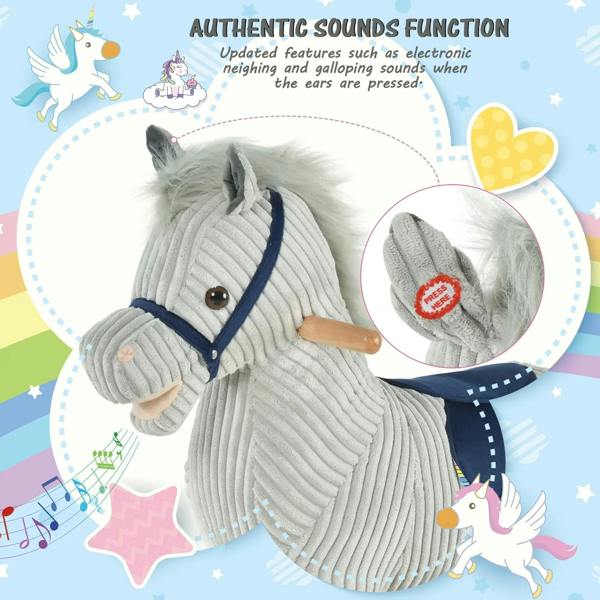 Grey plush rocking horse with sound button on ear, navy saddle, wooden rockers