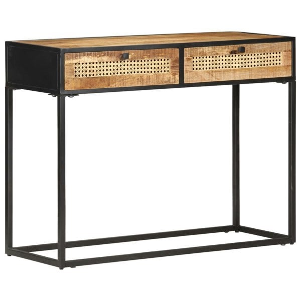 Berkfield Console Table 100x35x75 cm Rough Mango Wood and Natural Cane