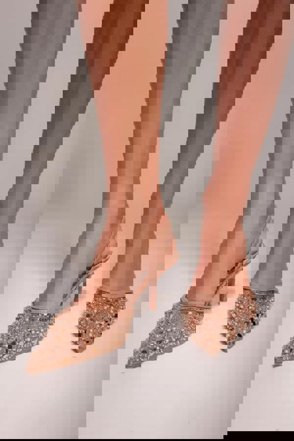 Beaded Sequin Low Heel Slingback Shoes - Nude SH15