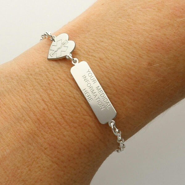 Christopher James of London Sterling Silver Medic Aware Heart And Tag Bracelet With Engraving