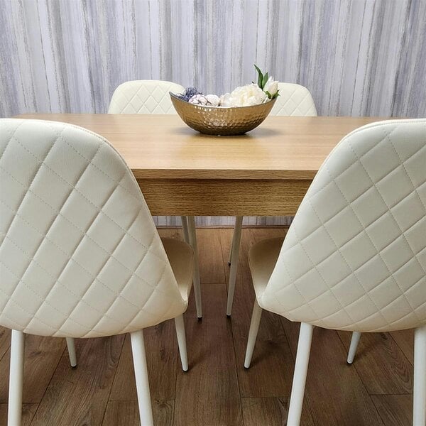 Kosy Koala Wooden Dining Table with 4 Cream Gem Patterned Chairs Rusteic Effect Table with Cream Chairs