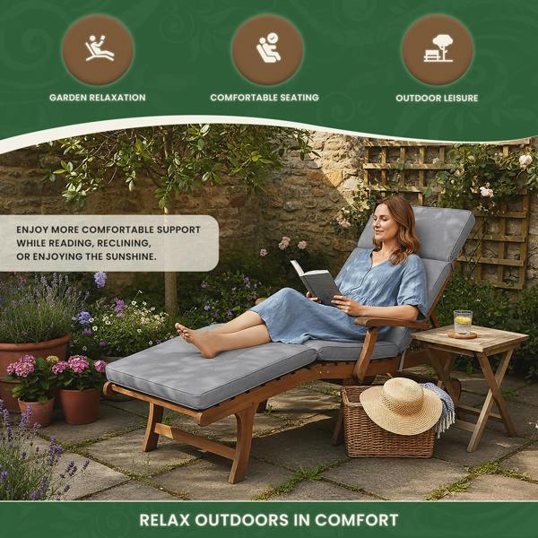 Steamer Chair Cushion – Outdoor Garden Seat Pad with 6cm Padding, Washable Cover & Adjustable Straps, Grey, 49cm Wide