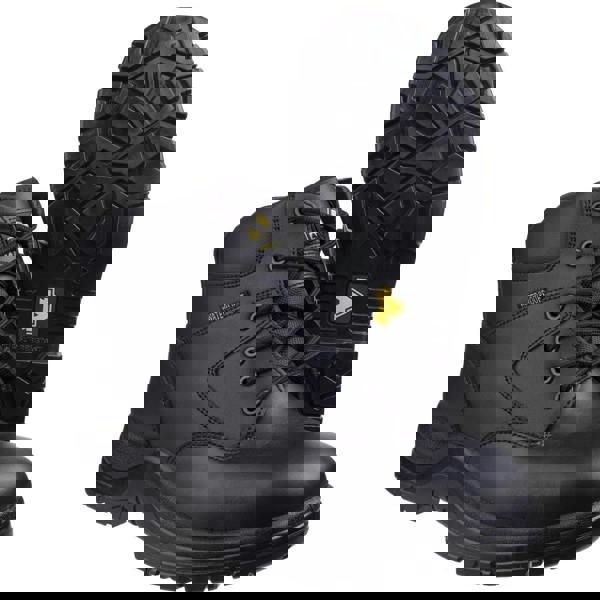 Amblers Safety Amblers FS006C Mens Waterproof Metal Free Composite Toe/Midsole Safety Ankle Boot, black safety work boots with rugged rubber soles and ankle support.