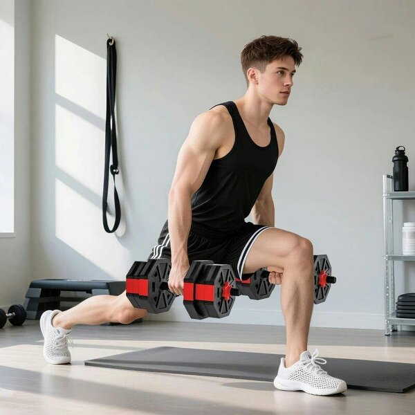 6-in-1 Adjustable Dumbbell Set, 20kg, Kettlebell, Barbell & Push-Up Stand, Red