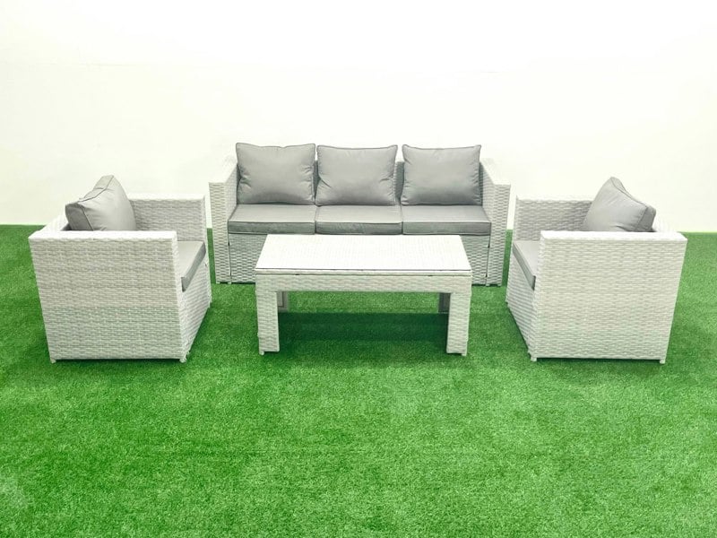 Fimous Rattan Garden Furniture Set 4 Pieces Outdoor Garden Sofa Oblong Coffee Table Set with 2 Chairs Light Grey Mixed