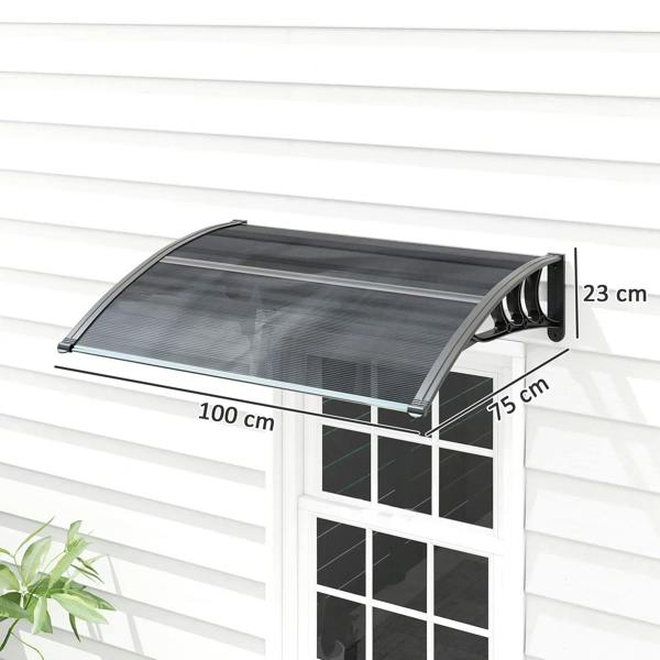 Black door canopy awning with curved translucent panel and side mounting brackets