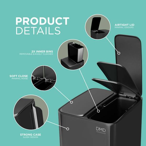 DMD Collective 30L Double Recycling Kitchen Bin – Dual Compartment Pedal Bin