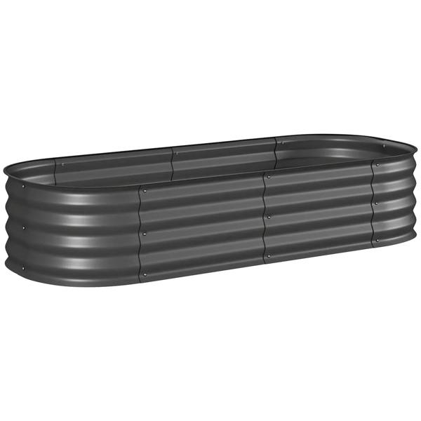 Dark grey galvanized metal raised garden bed with ribbed sides and safety edging