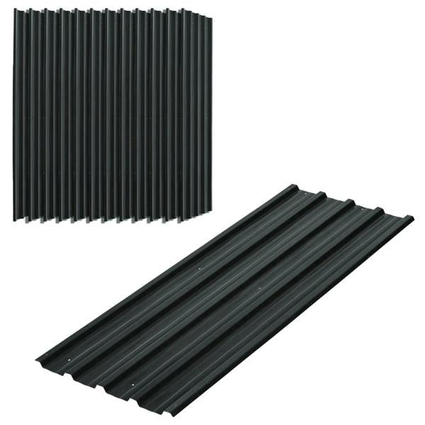 Corrugated steel roof sheet panels, dark grey, with evenly spaced vertical ridges