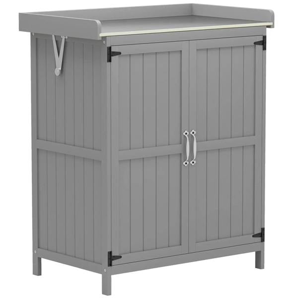 Grey wooden garden storage shed with hinged roof, double doors, and built-in shelf