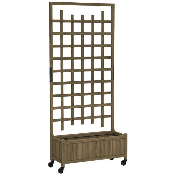 Brown wooden trellis raised garden planter with vertical lattice and four caster wheels