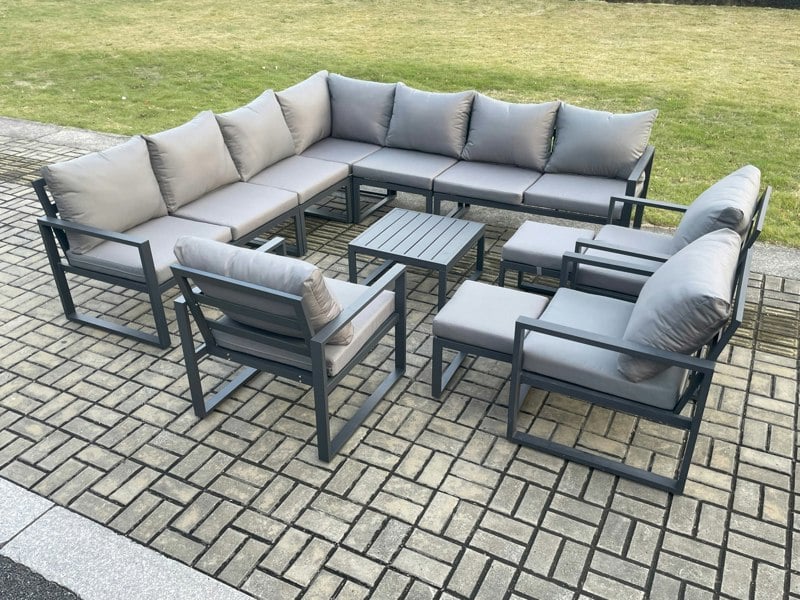 Fimous Aluminium Outdoor Garden Furniture Set Lounge Corner Sofa 3 Pcs Chair Square Coffee Table Sets with 2 Small Footstools Dark Grey