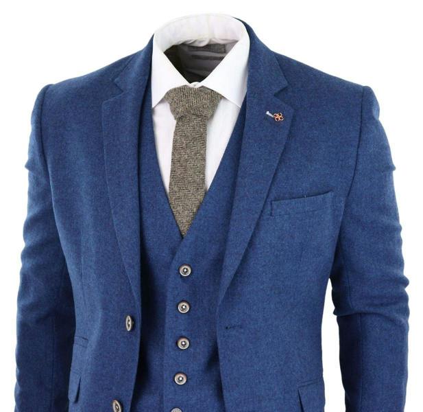House of Cavani Mens 3 Piece Blue Tweed Wool Twill Vintage Classic Suit