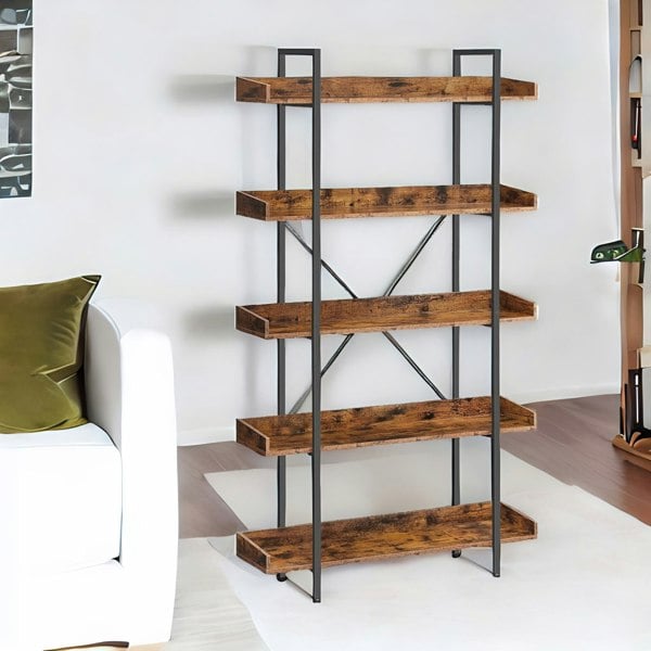 Rafaelo Mobilia Industrial 5 Tier Rustic Brown Bookcase