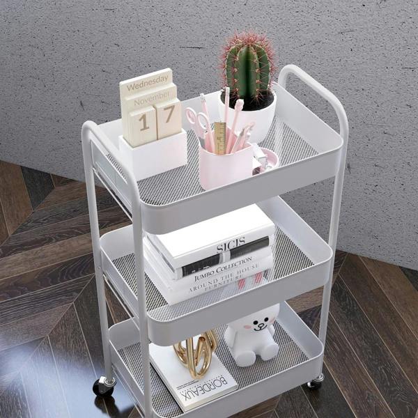 White three-tier storage trolley with mesh shelves and rolling casters