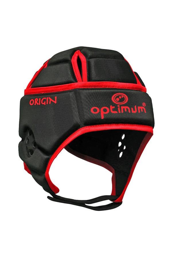Black Origin rugby headguard with red trim and red Origin and Optimum logos, front angle view - Optimum
