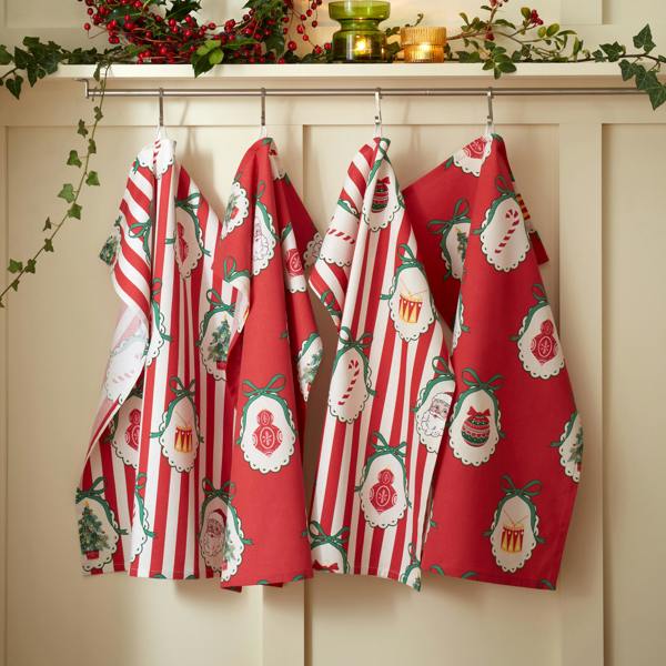 Catherine Lansfield Christmas Vintage Stripe Cotton Kitchen Tea Towel Pack of 4 Red