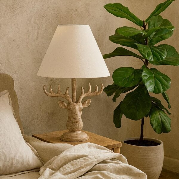 Wyld Haus Whisperfern Stonewashed Stag Head Table Lamp With Linen Shade