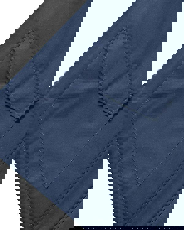 Lambretta Mens Padded Hooded Classic Badge Jacket Coat, close-up of navy blue padded fabric with a large pocket and flap detail on the front.