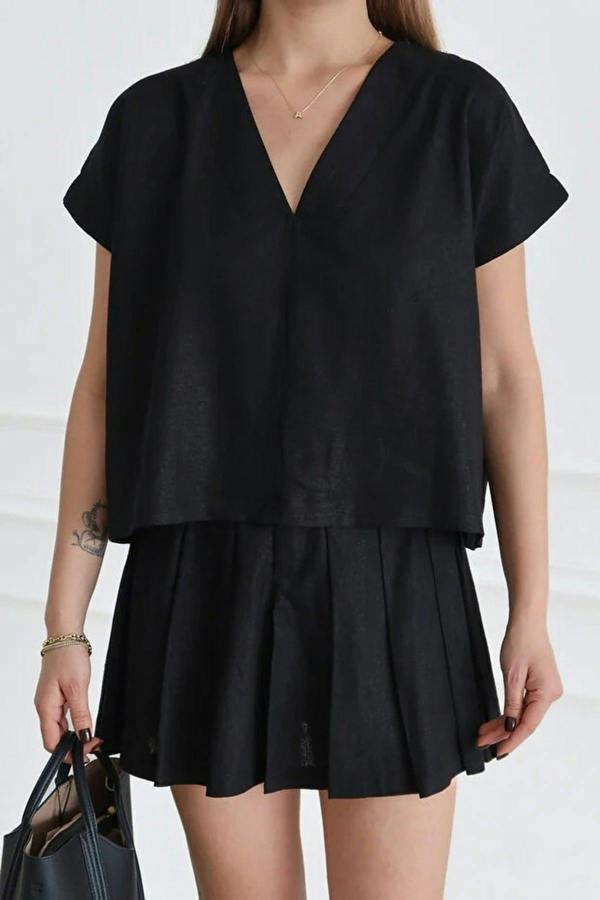 WOVCOR 2-Piece Linen Skirt and Blouse Woven Top and Bottom Set