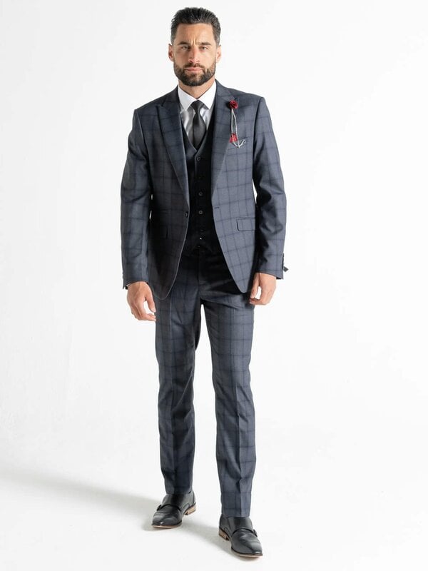 V2 Classic Kensignton Three Piece Suit - Dark Grey with Black Checks