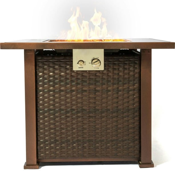 MDA Designs Ostara Stylish Bronze Wicker Garden and Patio Gas Fire Pit Multi-Purpose Glass Tabletop Outdoor Smoke-Free Heater