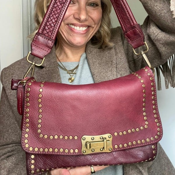 Scott-Samuel Studded Vintage Style Leather Bag - Burgundy