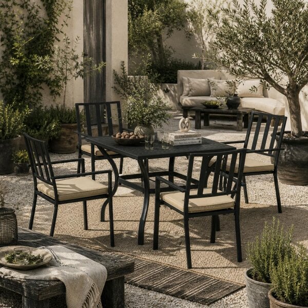 Wyld Haus Nonilu Metal Black and Cream 4 Seater Garden Dining Set With Cushions Stackable Chairs and Parasol Hole