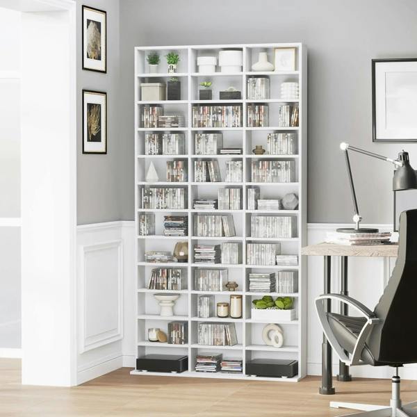 White open shelving storage cabinet with grid of compartments and cubby doors