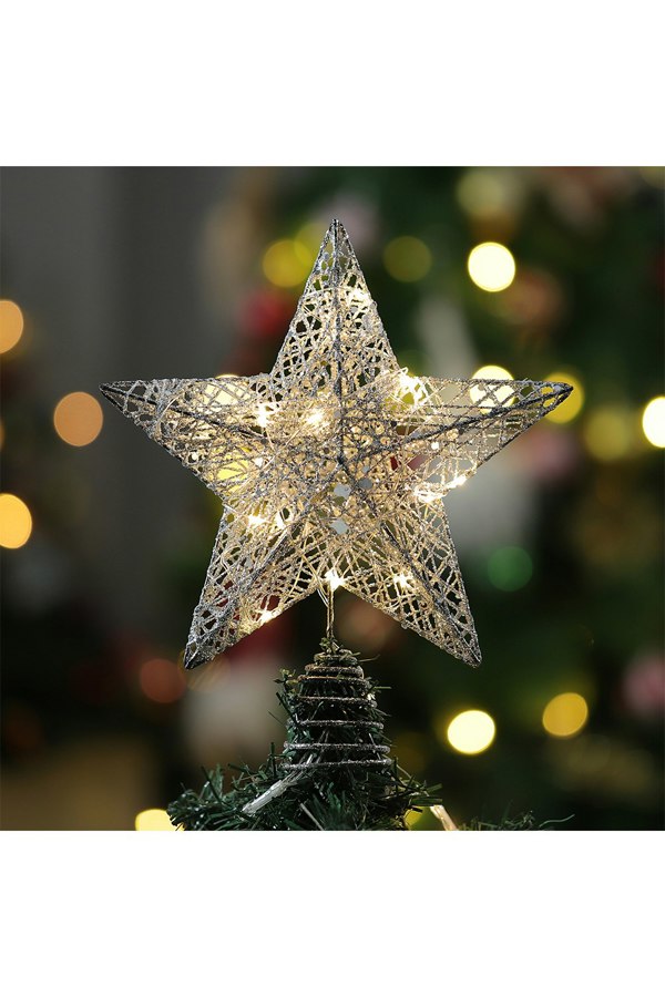 Living and Home 25cm Christmas Tree Topper Silver Glitter Christmas Tree Star with LED Lights