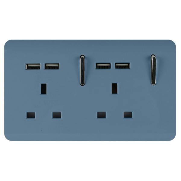 Trendi Switch 2 Gang 4 Port USB 2100mA Plug Socket in Sky Blue