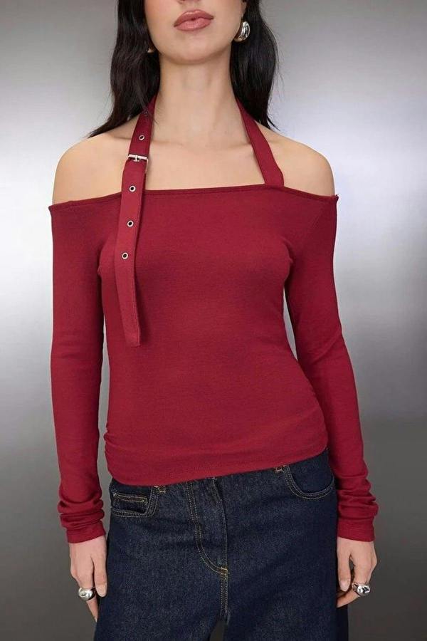 WOVCOR Fitted Knitted Blouse with Accessory Belt Detail