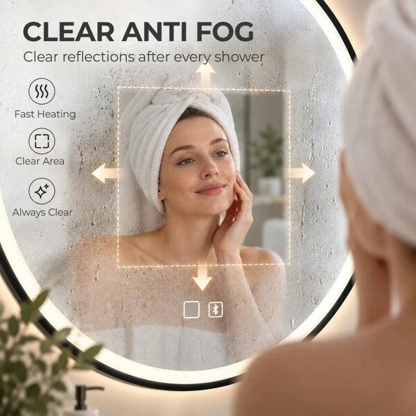 Bathroom Mirror with LED Lights, 60cm Round LED Bathroom Mirror with 3 Colours Dimmable, Bluetooth, Anti-Fog, Black