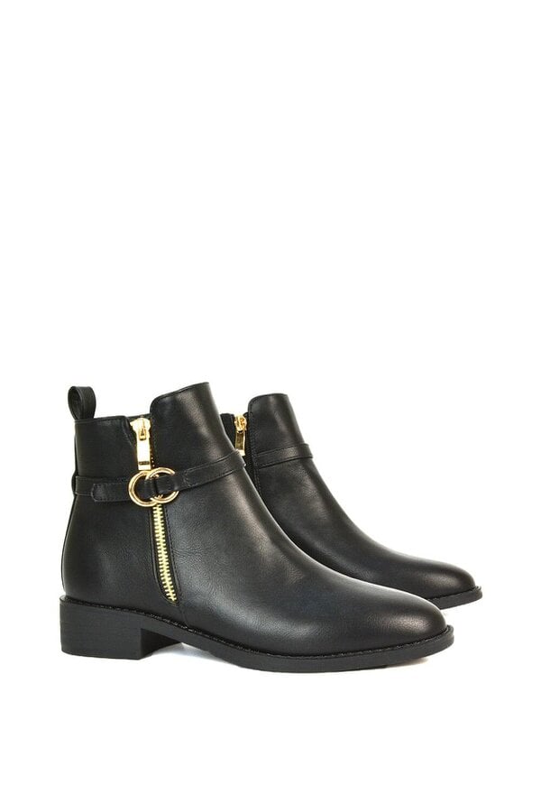 XY LONDON Flat Low Heel Ankle Booties With Decorative Buckle and Zip