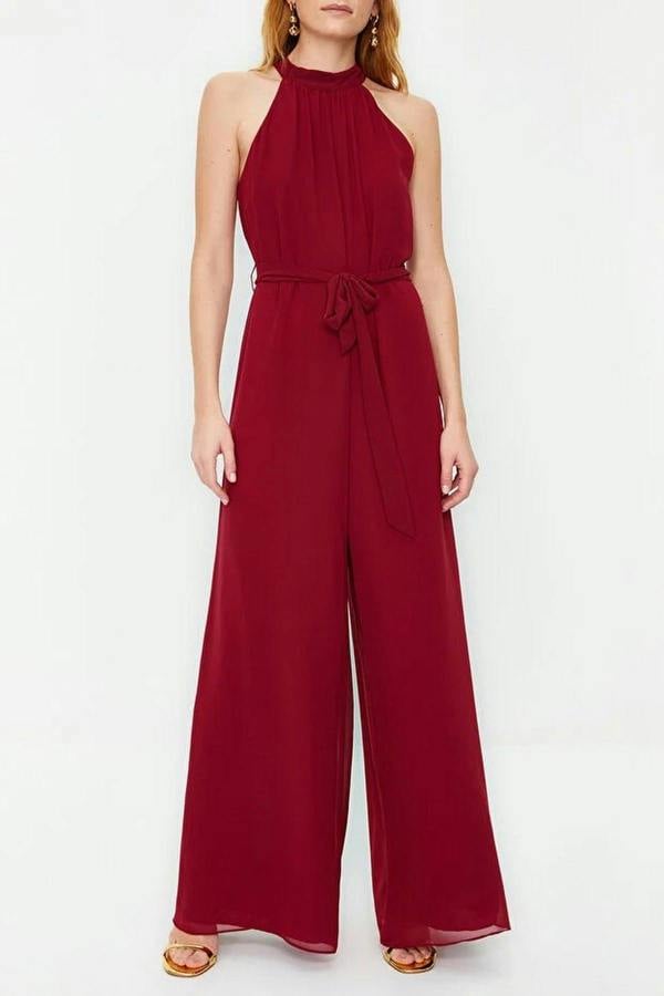 WOVCOR Belted Maxi Chiffon Lined Woven Jumpsuit