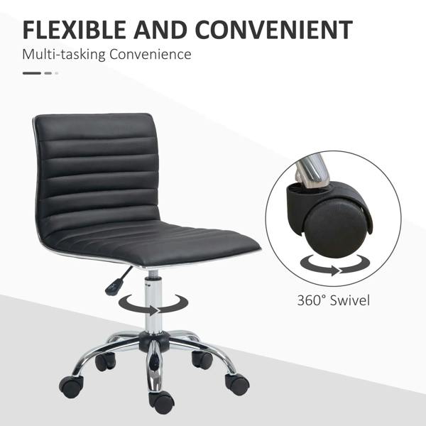 Black armless office chair with faux leather seat, chrome pedestal base and 360 swivel casters.