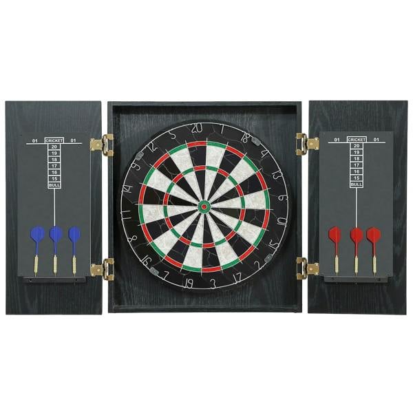 Black bristle dartboard cabinet with three red and three blue steel tip darts