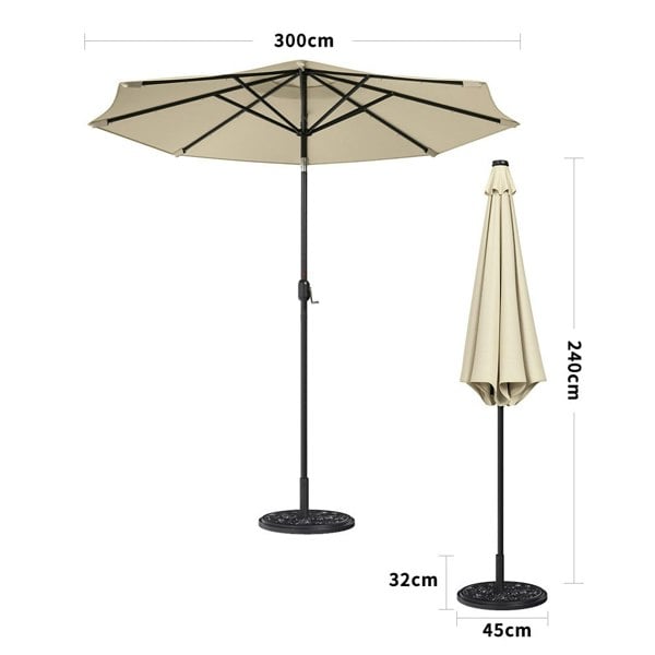 Beige 3m Patio Garden Parasol Sun Umbrella Sunshade Canopy With Solar LED Lights Parasols & Rain Umbrellas Living and Home 10KG Petal cement tank base