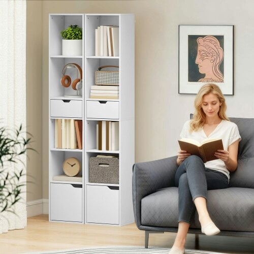 Wyld Haus Kesura Wooden White Tall Narrow 6 Tier Bookcase With Drawer And Door