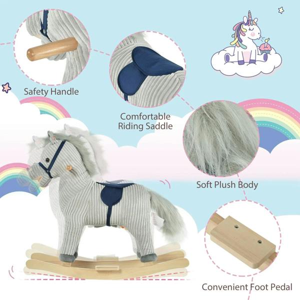 Grey plush rocking horse with safety handle and navy saddle, wooden rocker base