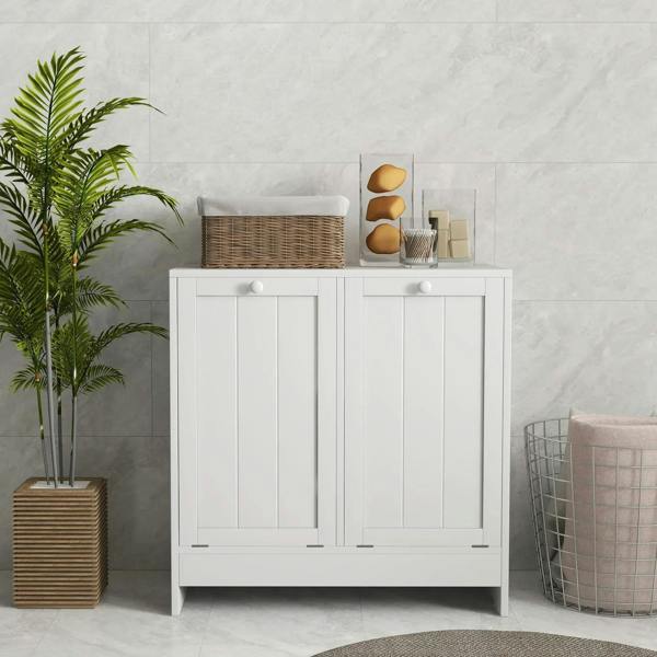 White double hamper laundry storage cabinet with two doors and round knobs.