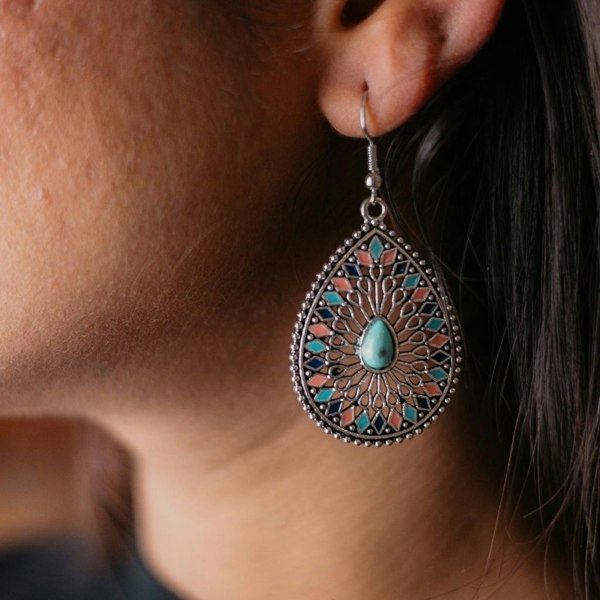 The Colourful Aura Large Mandala Floral Enamel Indian Teardrop Vintage Boho Drop Ethnic Dangler