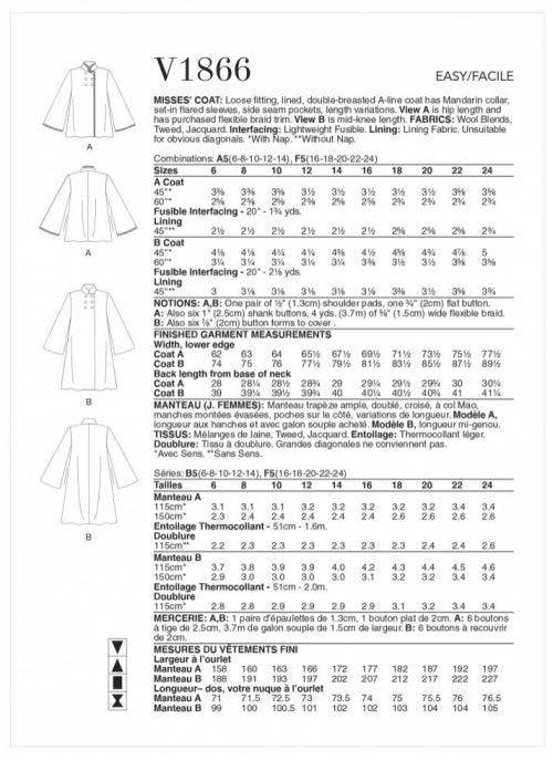 Vogue Sewing Pattern 1866, Coats for Women, A5 (6-8-10-12-14) - Easy