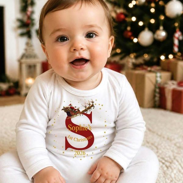 Personalised 1st Christmas Santa Sleigh with Initial - Baby Grow, Vest or Bib with Name