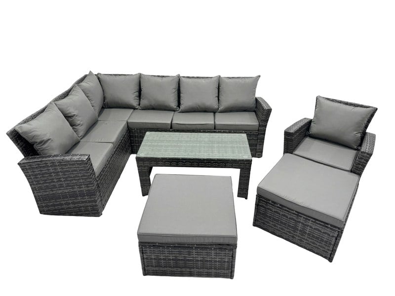 Fimous 9 Seat Poly Rattan Outdoor Patio Oblong Coffee Table Corner Sofa Set with 2 Big Stool Chair for Garden Backyard Dark Grey Mixed