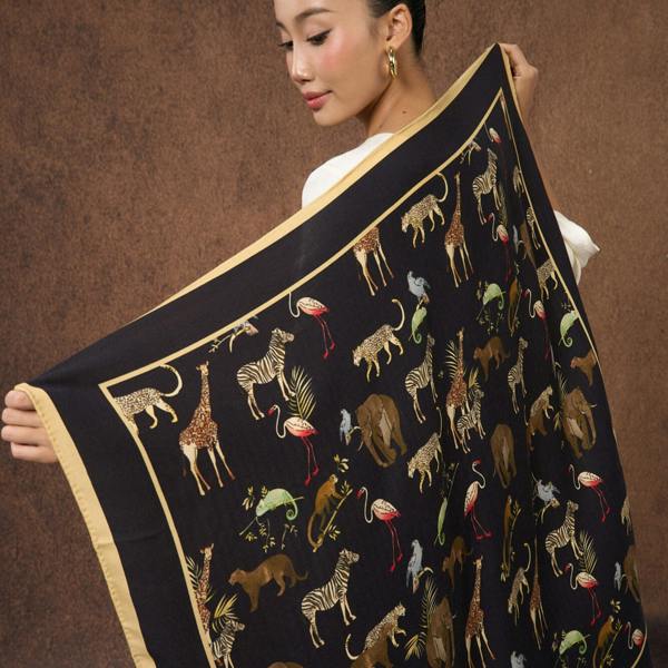 Noir Safari Wool Silk Scarf – Animal Motif Wrap, Hand-Rolled Hem, Winter Gift
