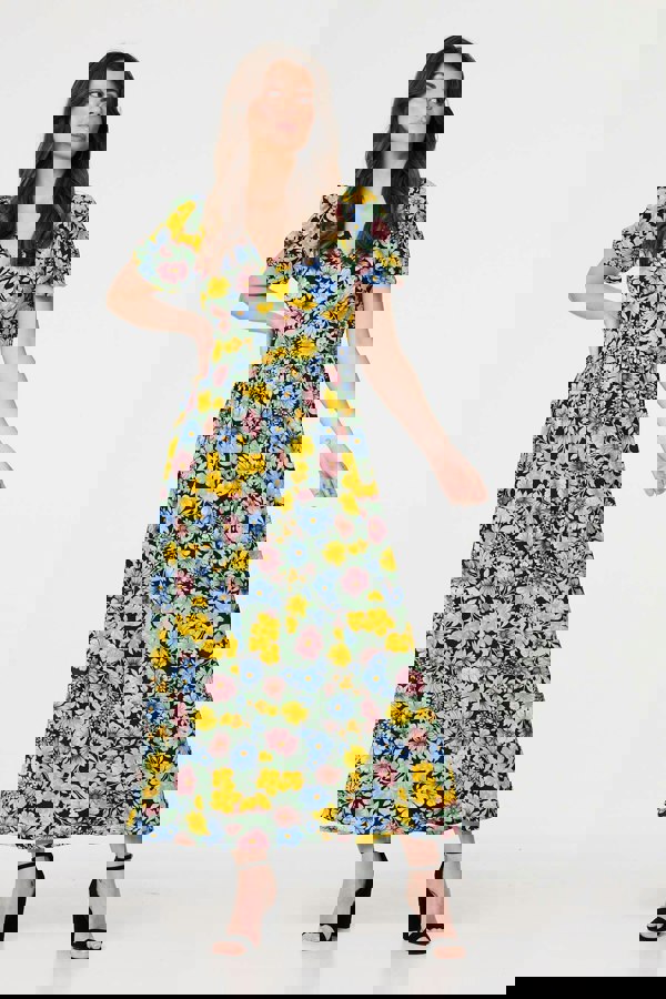 Yellow | Floral Puff Sleeve Cut Out Maxi Dress