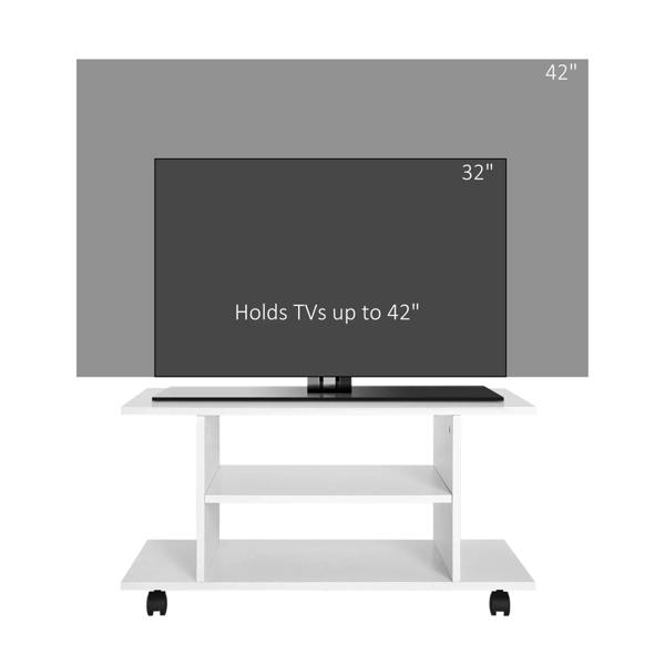 White TV cabinet stand with open storage shelf, shown supporting a flat-screen TV